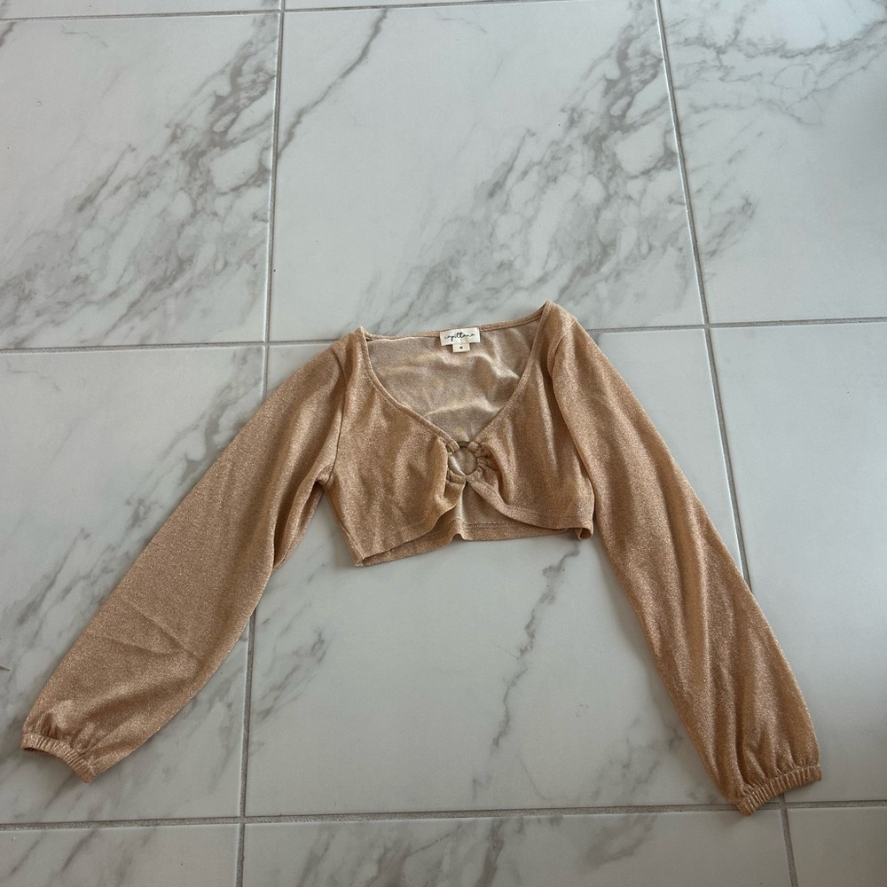 Shimmer Tie-Front Cropped Long-Sleeve Top in Tan